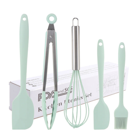 Silicone Cook Utensils;  5 Piece Kitchen Cooking Set;  Includes Large Spatula;  Small Spatula;  Grease Brush;  Food Clamp;  Whisk