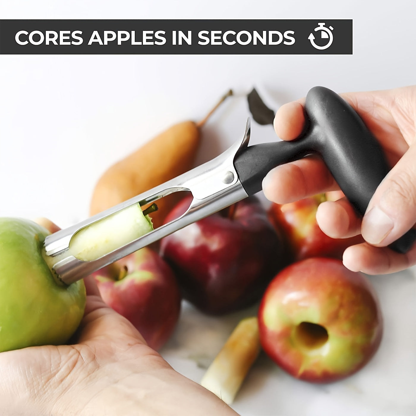 1pc Premium Apple Corer - Easy To Use Durable Apple Corer Remover For Pears; Bell Peppers; Apples - Stainless Steel; Kitchen Gadgets; Black; 7inch*3.9inch