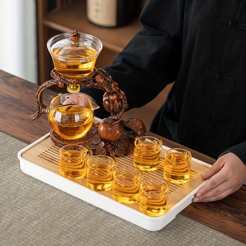 1 Set Lazy Tea Set; Magnetic Water Diversion Rotating Cover Bowl; Tea Maker; Automatic Glass Teapot; Tea Canister; Tea Cups; Tea Pet; Tea Tray; Chinese Kung Fu Tea Set