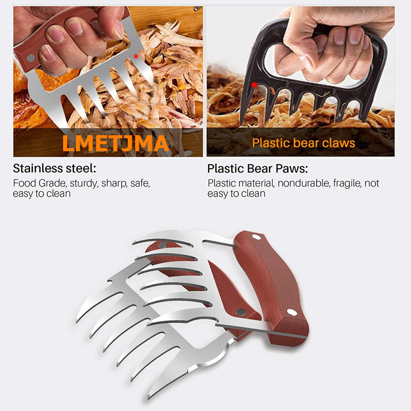 LMETJMA Bear Claws Stainless Steel BBQ Meat Shredder Claws with Wooden Handle Bottle Opener Turkey Chicken Claws KC0423