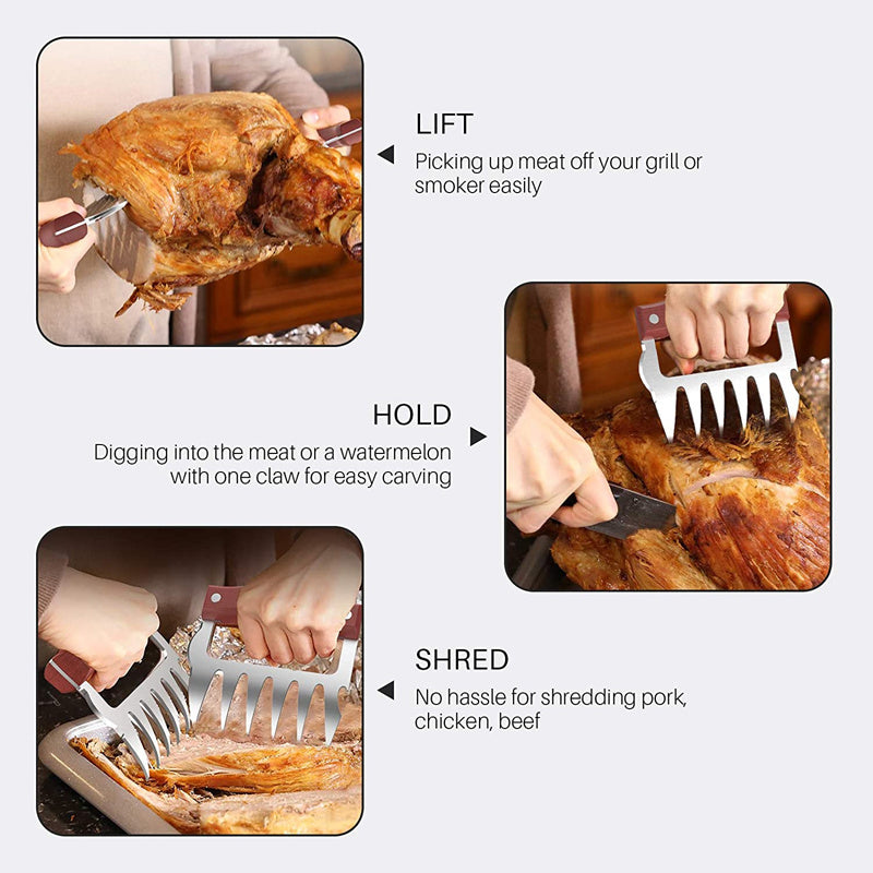 LMETJMA Bear Claws Stainless Steel BBQ Meat Shredder Claws with Wooden Handle Bottle Opener Turkey Chicken Claws KC0423