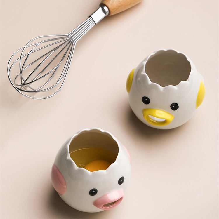 2Pcs Egg Separator Egg Yolk White Separator;  Ceramic Creative Cute Cartoon Style Egg Filter Splitter Opeaner Automatic Separation Kitchen Cooking Tool( pink+ yellow)