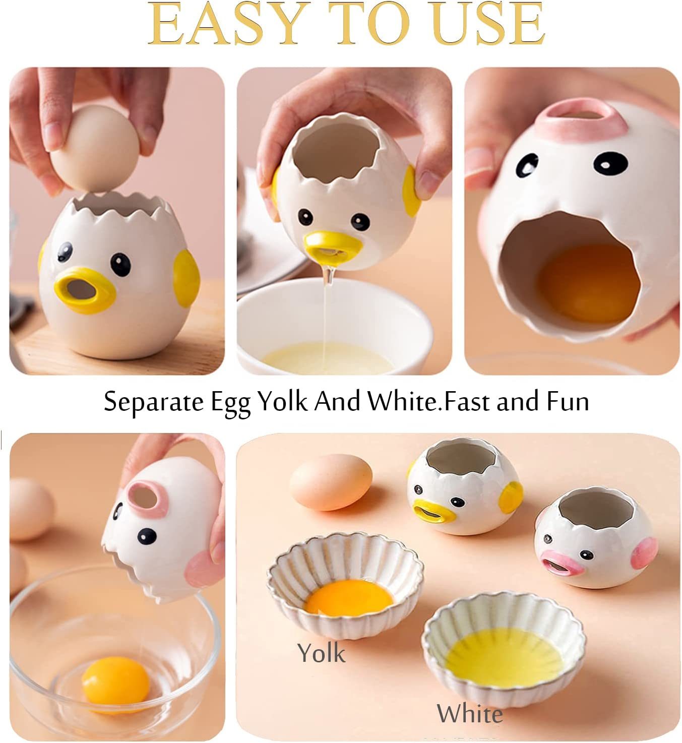 2Pcs Egg Separator Egg Yolk White Separator;  Ceramic Creative Cute Cartoon Style Egg Filter Splitter Opeaner Automatic Separation Kitchen Cooking Tool( pink+ yellow)