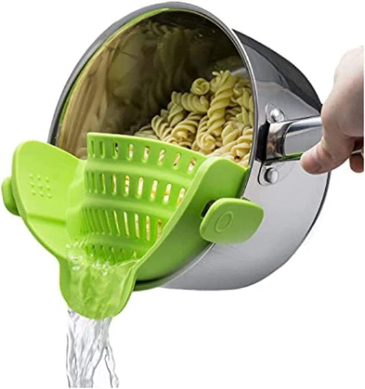 Kitchen Snap N Strain Pot Strainer and Pasta Strainer - Adjustable Silicone Clip On Strainer for Pots, Pans, and Bowls - Gray