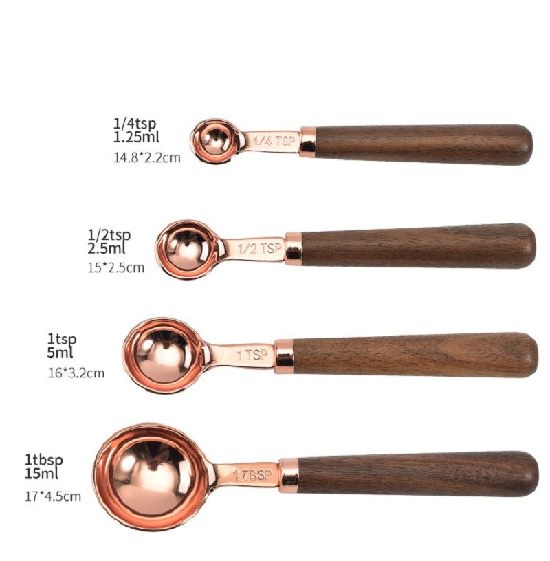 Rose Gold Measuring Cups and Spoons Set, Copper Pink Stainless Steel Cup and Spoon with Wooden Handle, Coffee Cake Milk Baking Measuring Cup