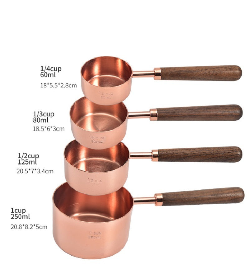 Rose Gold Measuring Cups and Spoons Set, Copper Pink Stainless Steel Cup and Spoon with Wooden Handle, Coffee Cake Milk Baking Measuring Cup