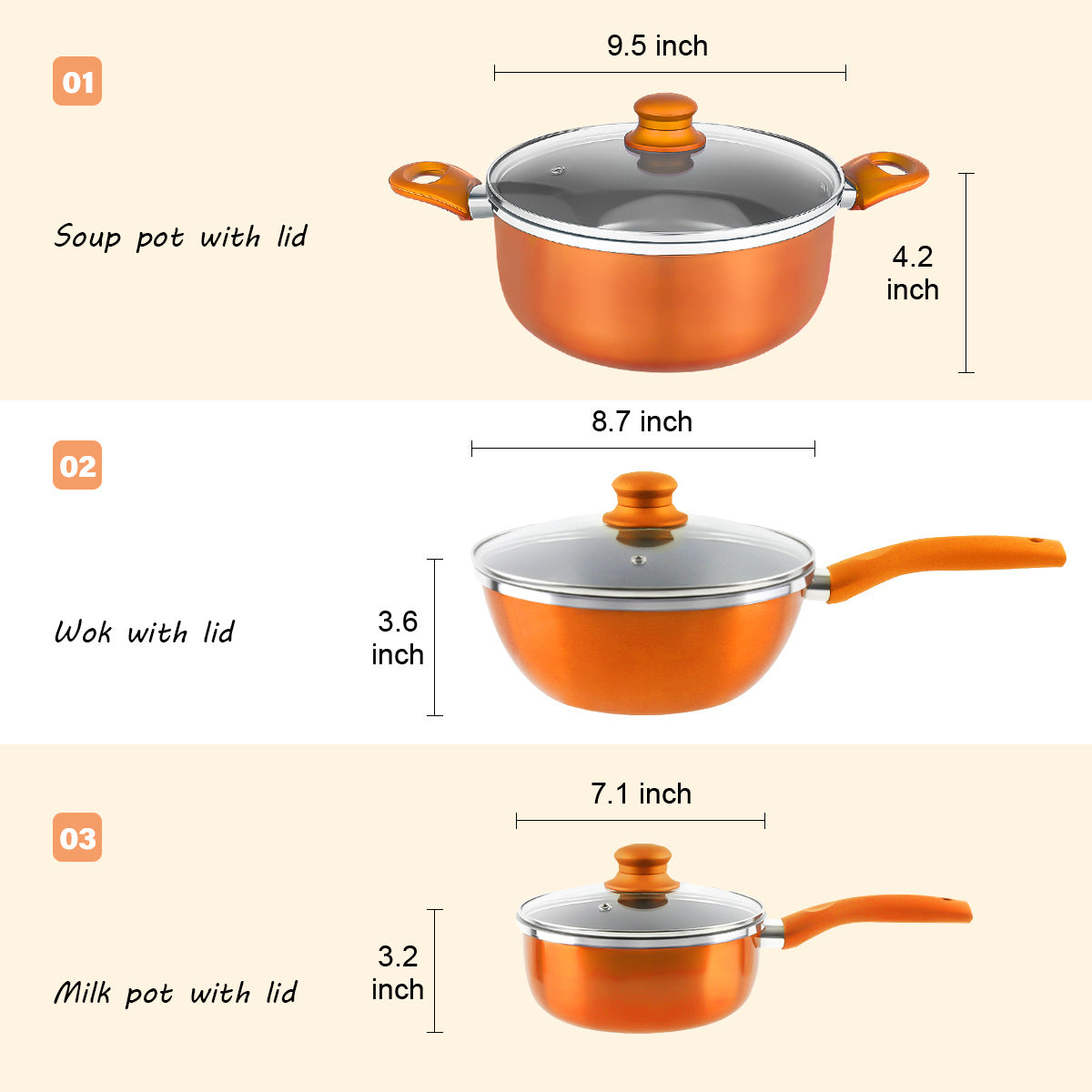 Nonstick Pot and Pan Set-Wok, Soup, Milk Pot Set Orange