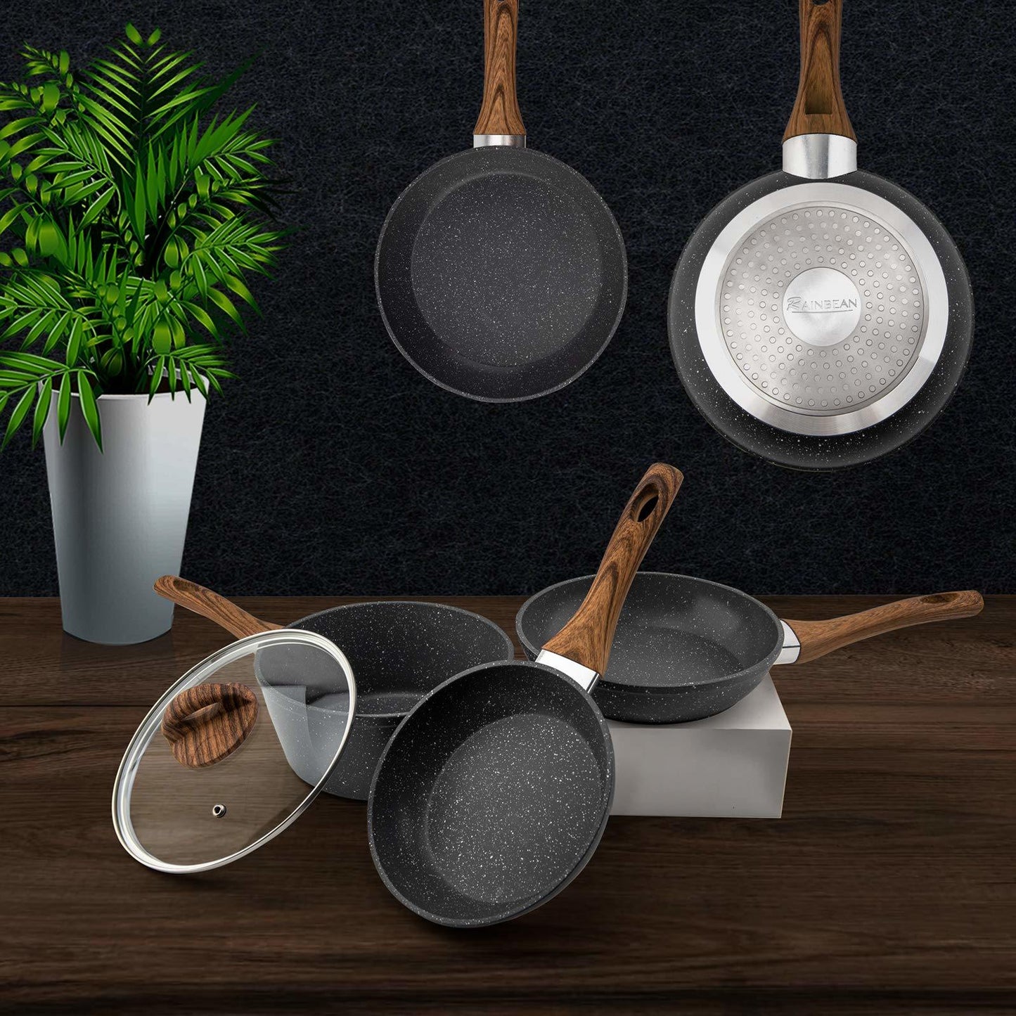 RAINBEAN Frying Pan Set 3-Piece Nonstick Saucepan Woks Cookware Set,Heat-Resistant Ergonomic Wood Effect Bakelite Handle Design,PFOA Free.(7/8/9.5 inch)