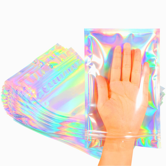 Smell Proof Bags & Resealable Foil Pouch Bag [100 PCS ] Great for Party Favor Food Storage (Holographic Color, Multiple Size)