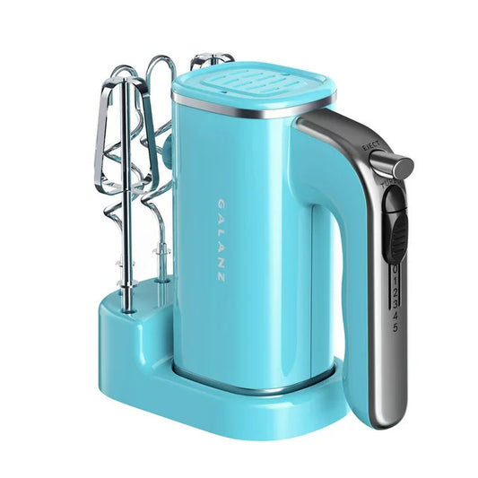 5-Speed Lightweight Electric Hand Mixer with Dough Hooks, Beaters, & Storage Base + Simple Eject Button, 5 Speeds + Turbo, Retro Blue