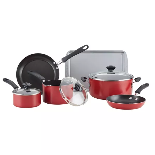 Cookstart 15pc Aluminum Nonstick Cookware Set with Prestige Tools Red