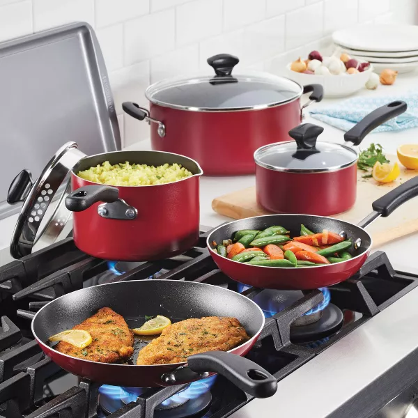 Cookstart 15pc Aluminum Nonstick Cookware Set with Prestige Tools Red