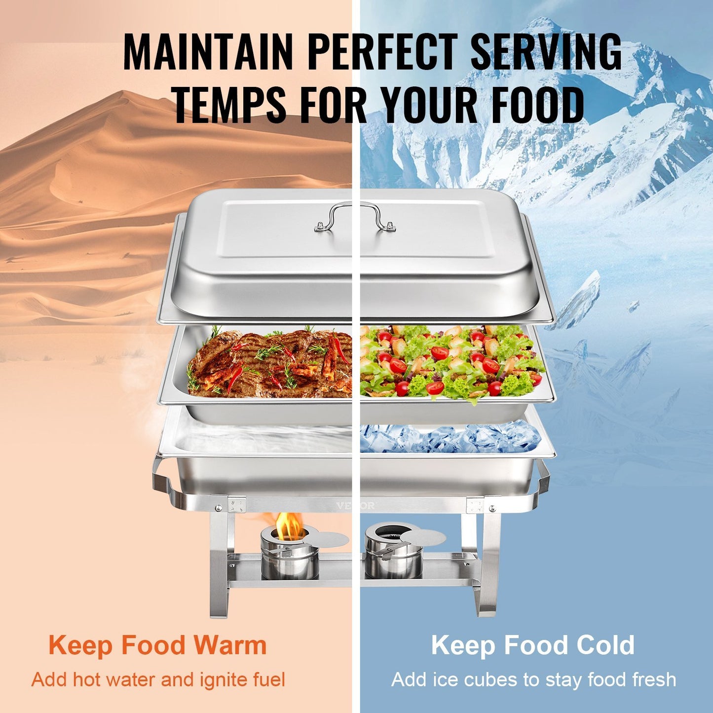 VEVOR Chafing Dish Buffet Set, 8 Qt 6 Pack, Stainless Chafer with 6 Full Size Pans, Rectangle Catering Warmer Server with Lid Water Pan Folding Stand Fuel Holder Tray Spoon Clip, at Least 8 People Eac