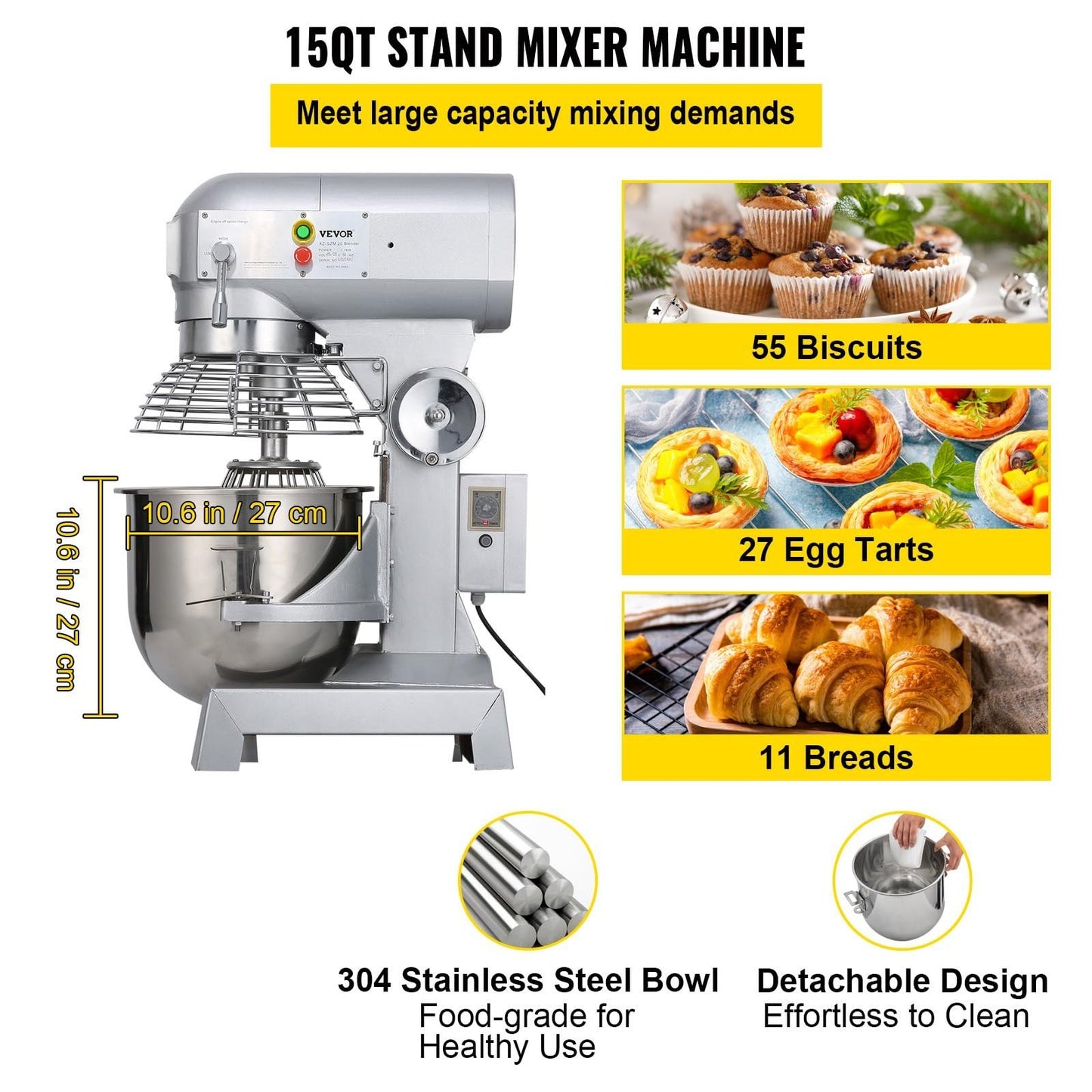 VEVOR Commercial Food Mixer 15Qt 600W 3 Speeds Adjustable 110/178/390 RPM Heavy Duty 110V with Stainless Steel Bowl Dough Hooks Whisk Beater Premium for Schools Bakeries Restaurants Pizzerias