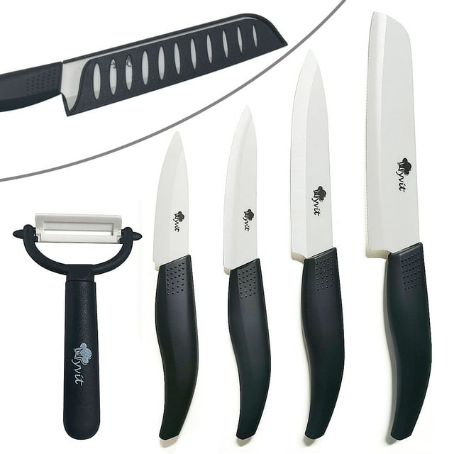 Rirool 5 Pcs Ceramic Knife Set, Professional Home Kitchen Knife with Covers, 6" Chef Knife, 5" Utility Knife, 4" Fruit Knife, 3" Paring Knife and a Peeler