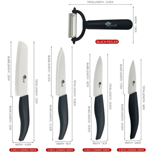 Rirool 5 Pcs Ceramic Knife Set, Professional Home Kitchen Knife with Covers, 6" Chef Knife, 5" Utility Knife, 4" Fruit Knife, 3" Paring Knife and a Peeler