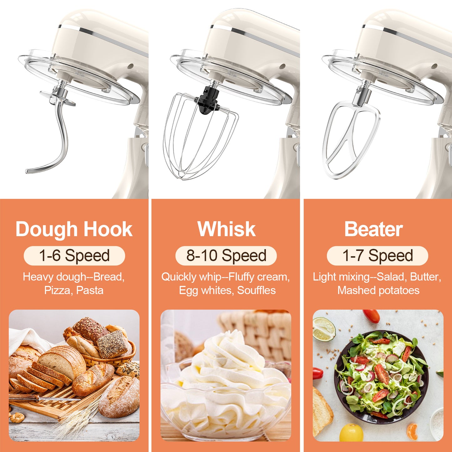 3-IN-1 Electric Stand Mixer, 660W 10-Speed With Pulse Button, Attachments include 6.5QT Bowl, Dough Hook, Beater, Whisk for Most Home Cooks,  Almond Cream