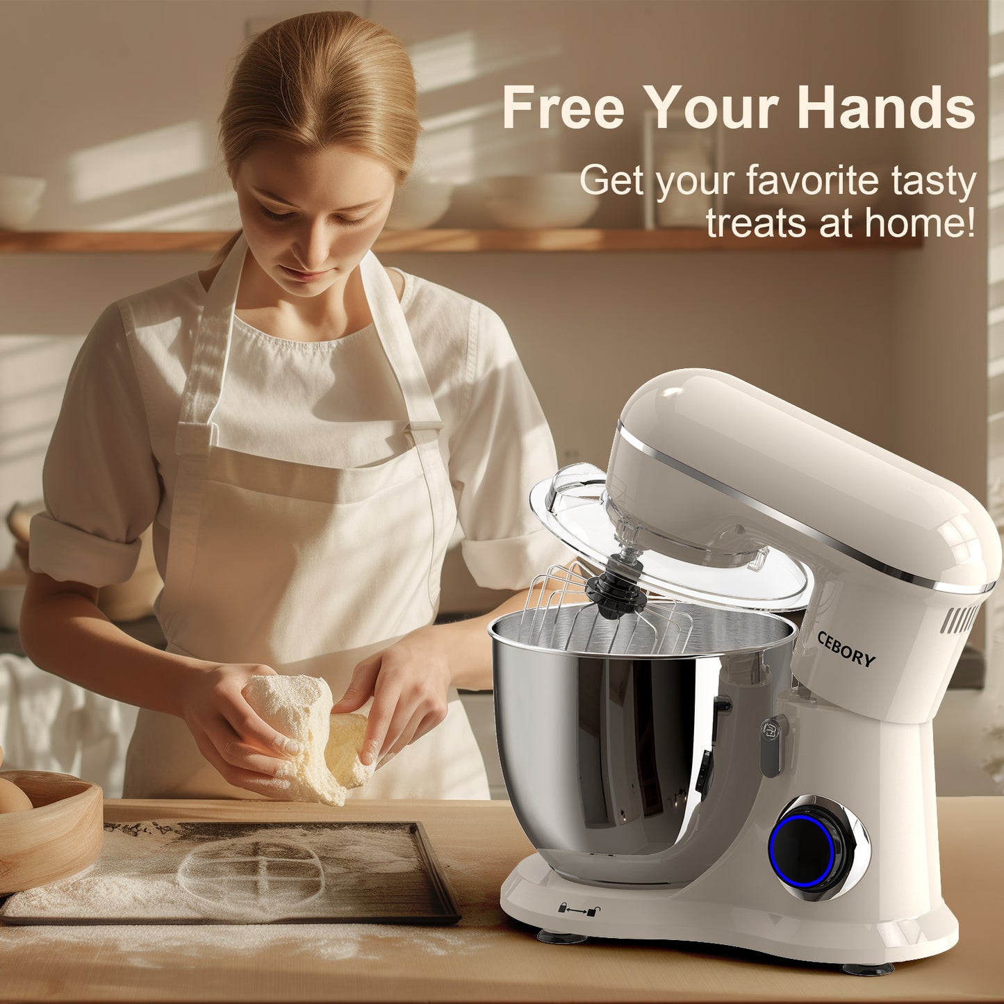 3-IN-1 Electric Stand Mixer, 660W 10-Speed With Pulse Button, Attachments include 6.5QT Bowl, Dough Hook, Beater, Whisk for Most Home Cooks,  Almond Cream