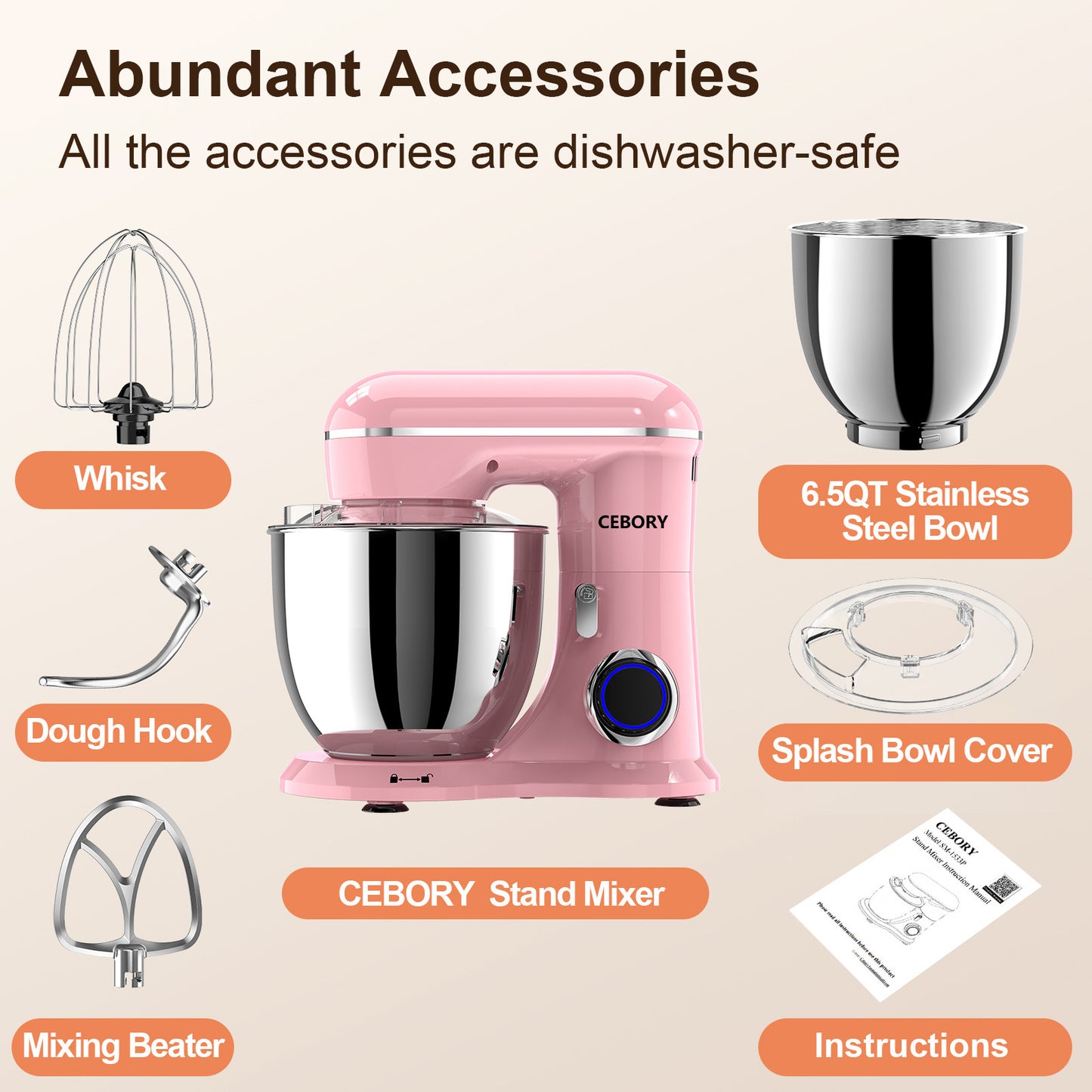 3-IN-1 Electric Stand Mixer, 660W 10-Speed With Pulse Button, Attachments include 6.5QT Bowl, Dough Hook, Beater, Whisk for Most Home Cooks, Sakura Pink