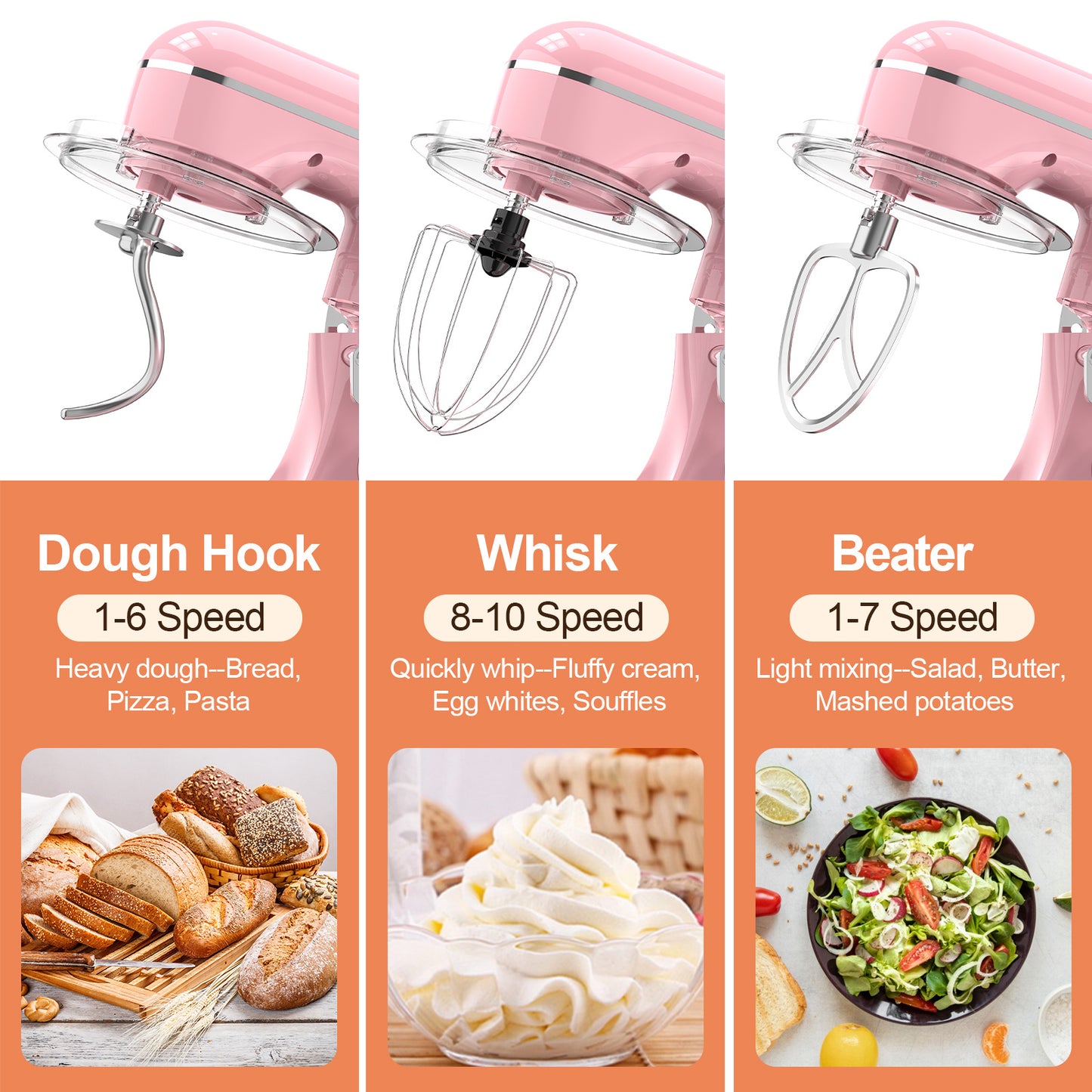 3-IN-1 Electric Stand Mixer, 660W 10-Speed With Pulse Button, Attachments include 6.5QT Bowl, Dough Hook, Beater, Whisk for Most Home Cooks, Sakura Pink