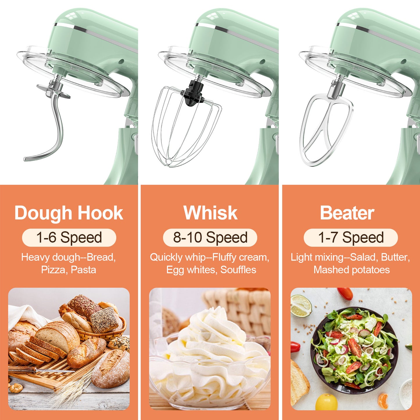 3-IN-1 Electric Stand Mixer, 660W 10-Speed With Pulse Button, Attachments include 6.5QT Bowl, Dough Hook, Beater, Whisk for Most Home Cooks, Agave Green