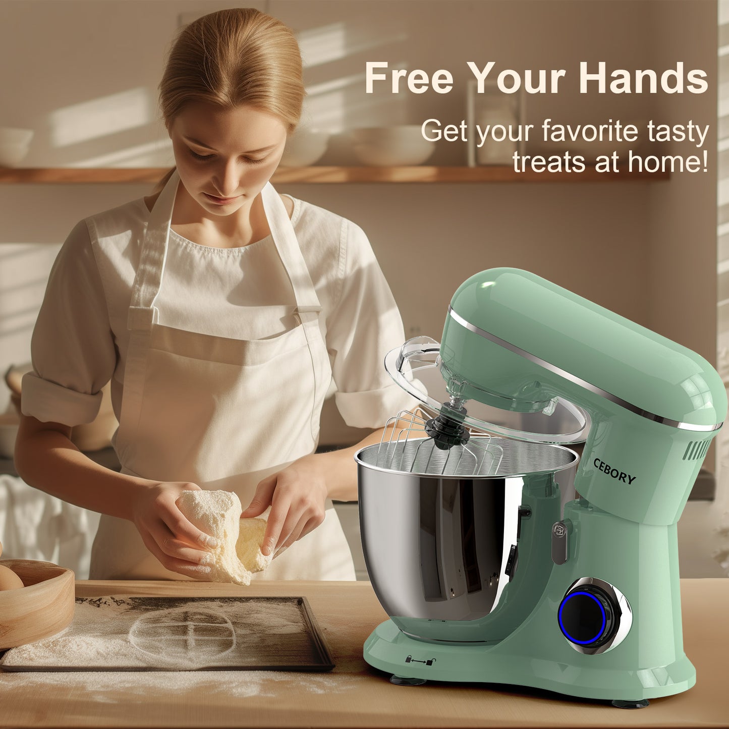 3-IN-1 Electric Stand Mixer, 660W 10-Speed With Pulse Button, Attachments include 6.5QT Bowl, Dough Hook, Beater, Whisk for Most Home Cooks, Agave Green