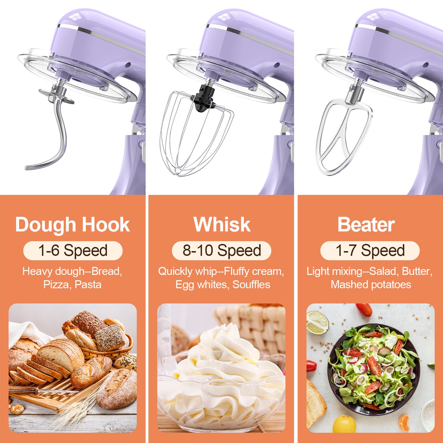 3-IN-1 Electric Stand Mixer, 660W 10-Speed With Pulse Button, Attachments include 6.5QT Bowl, Dough Hook, Beater, Whisk for Most Home Cooks, Vine Purple