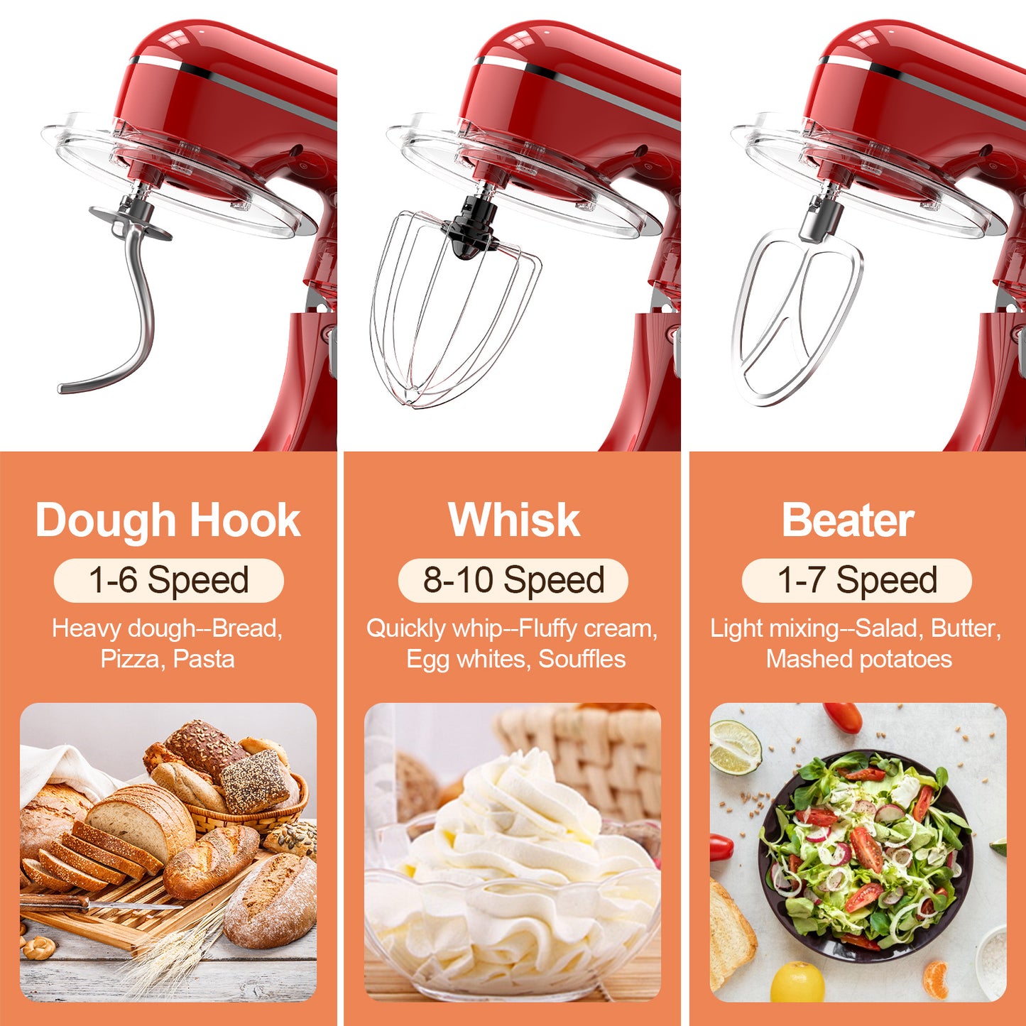 3-IN-1 Electric Stand Mixer, 660W 10-Speed With Pulse Button, Attachments include 6.5QT Bowl, Dough Hook, Beater, Whisk for Most Home Cooks, Empire Red