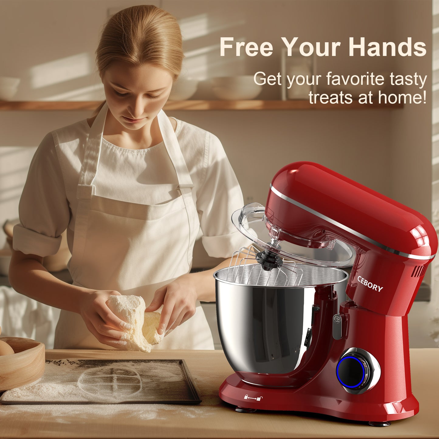 3-IN-1 Electric Stand Mixer, 660W 10-Speed With Pulse Button, Attachments include 6.5QT Bowl, Dough Hook, Beater, Whisk for Most Home Cooks, Empire Red